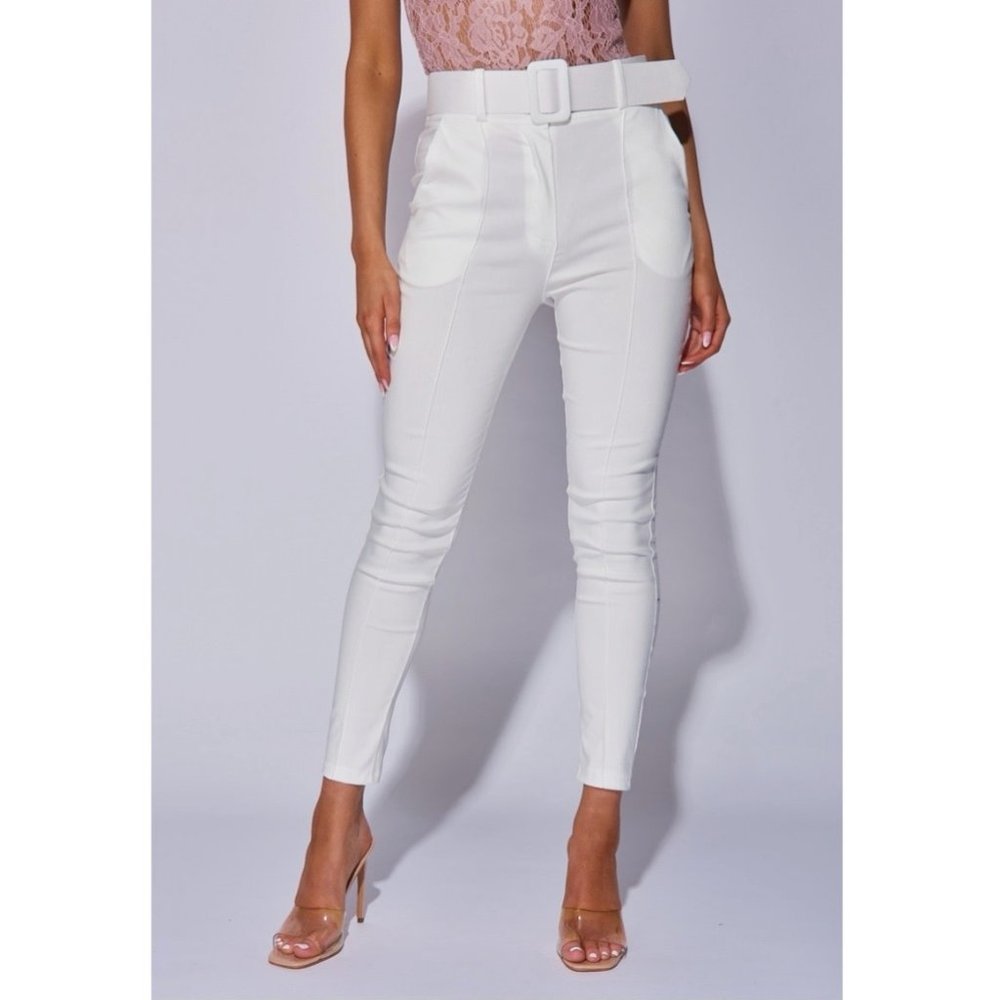 White High Waist Buckle Belt Tapered Cropped Straight Leg Ankle Pants